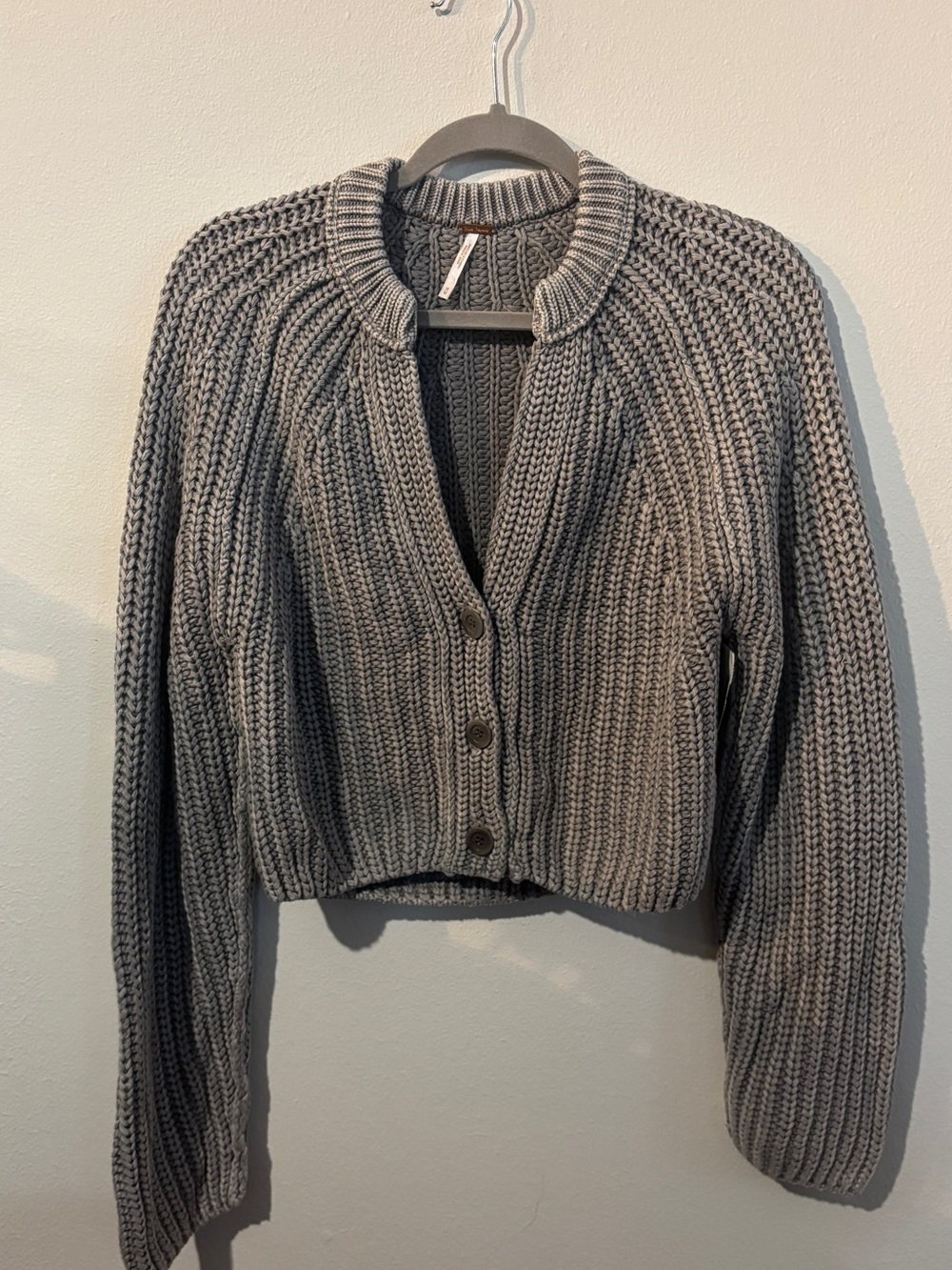 FREE PEOPLE Sweet Nothing Cotton Cardi - Gray Cropped Knit Cardigan Sweater - Picture 5 of 12